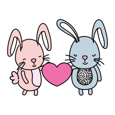 renk çift tavşan ellerinde şirin kalpli illüstrasyon vektör