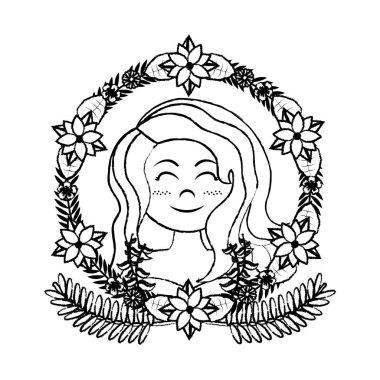 Grunge güzel kadın saç modeli dalları ile yaprakları ve çiçekleri illüstrasyon vektör