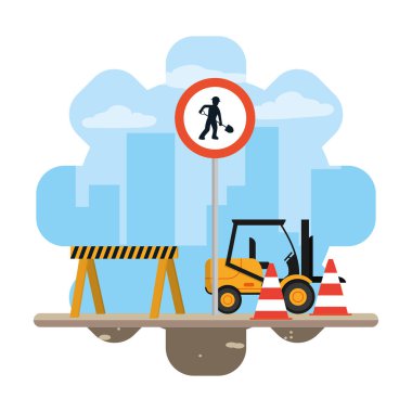 vektör illüstrasyon çember işçi embblem ve dikkat ekipman ile forklift