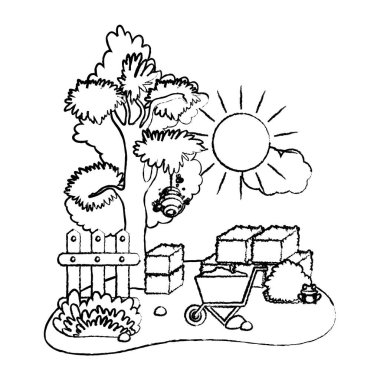 Grunge çiftlik saman balya yanında ağaç ve bulutsuz vektör çizim