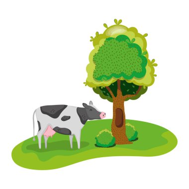Sevimli inek çiftlik hayvanı yanında ağaç vektör çizim