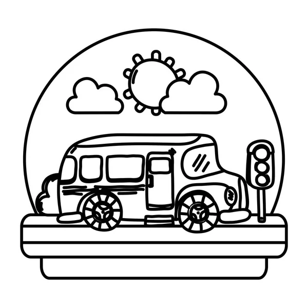 Línea Autobús Escolar Calle Con Vector Semáforos Ilustración — Vector de stock