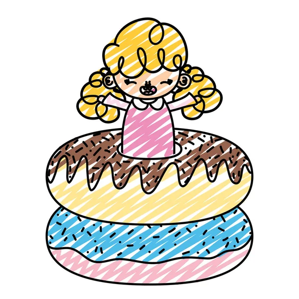 Doodle Niña Feliz Con Donuts Dulce Vector Ilustración — Vector de stock