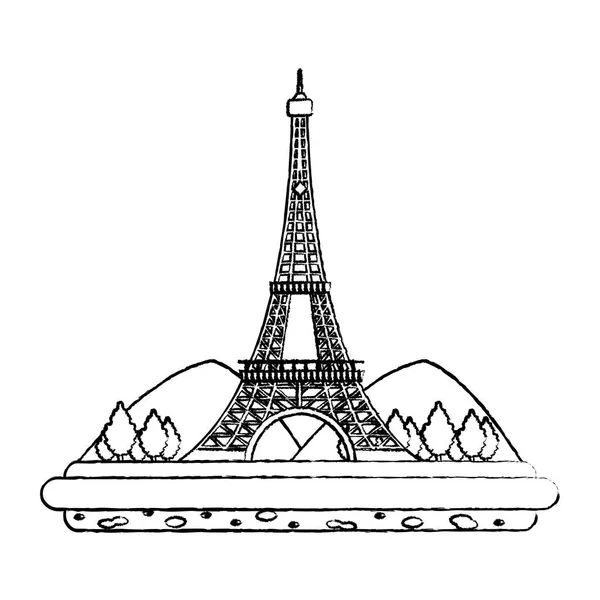 Grunge Eiffel Tower Com Montanhase Árvores Paisagem Vetor Ilustração — Vetor de Stock