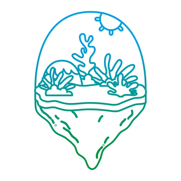 Línea Degradada Montaña Algas Exóticas Isla Flotante Vector Ilustración — Vector de stock