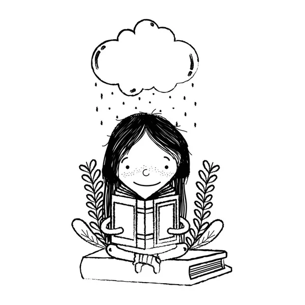 Grunge Chica Lectura Libro Nube Lluvia Vector Ilustración — Archivo Imágenes Vectoriales