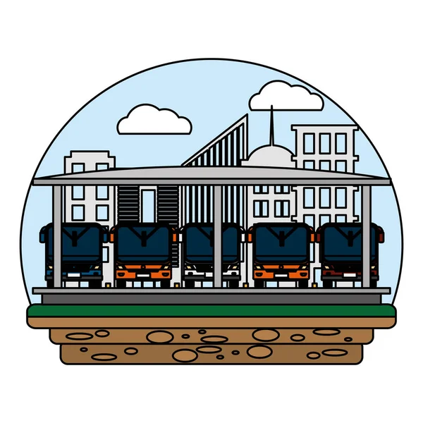 Kleur Front Bussen Vervoer Stad Station Vectorillustratie — Stockvector