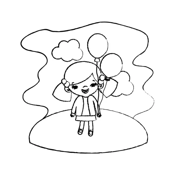 Grunge Mädchen Kind Mit Lustigen Luftballons Der Landschaft Vektor Illustration — Stockvektor