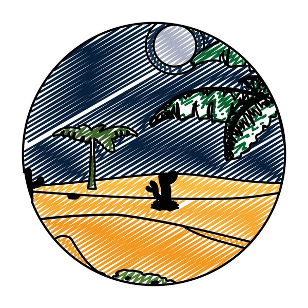 Doodle Wüste Kakteenpflanze Mit Baum Landschaft Vektor Illustration — Stockvektor