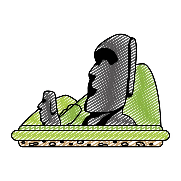 Doodle Moai Sculture Húsvét Sziget Hegyek Vektoros Illusztráció — Stock Vector