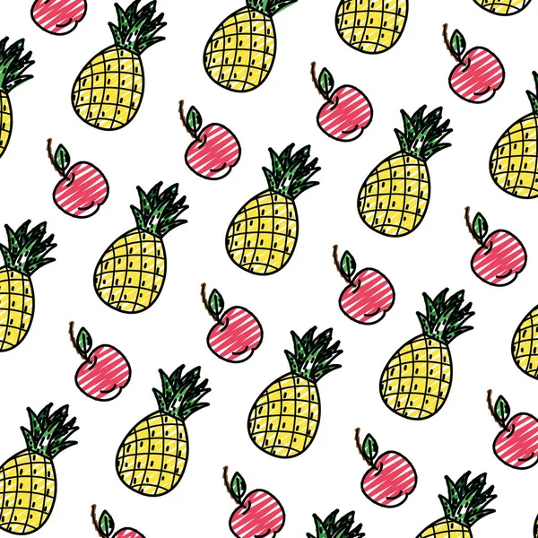 涂鸦美味的菠萝和苹果水果背景向量例证 — 图库矢量图片