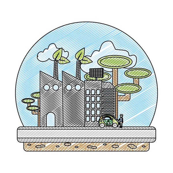 Fábrica Ecología Doodle Con Energía Solar Árboles Vector Ilustración — Vector de stock