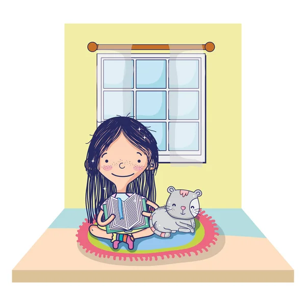 Дівчина Читає Книгу Кішкою Вікном Векторні Ілюстрації — стоковий вектор