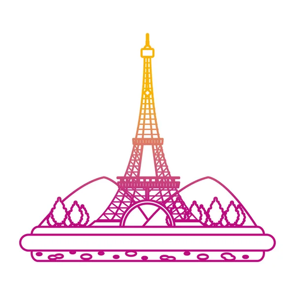 Linha Degradada Torre Eiffel Com Montanhase Árvores Paisagem Vetor Ilustração — Vetor de Stock