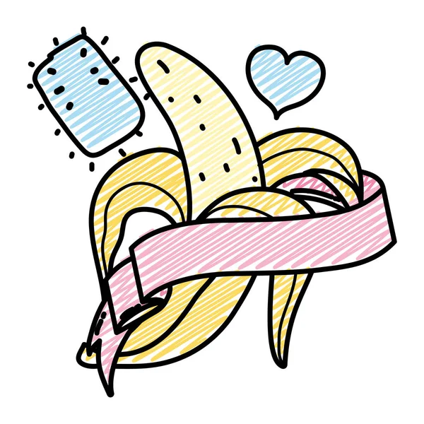 Doodle Délicieux Fruits Banane Avec Des Cœurs Illustration Vectorielle Ruban — Image vectorielle