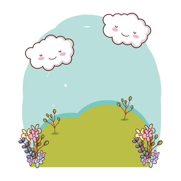 Kawaii Nubes Tiempo Con Flores Vector Paisaje Ilustración — Vector de stock