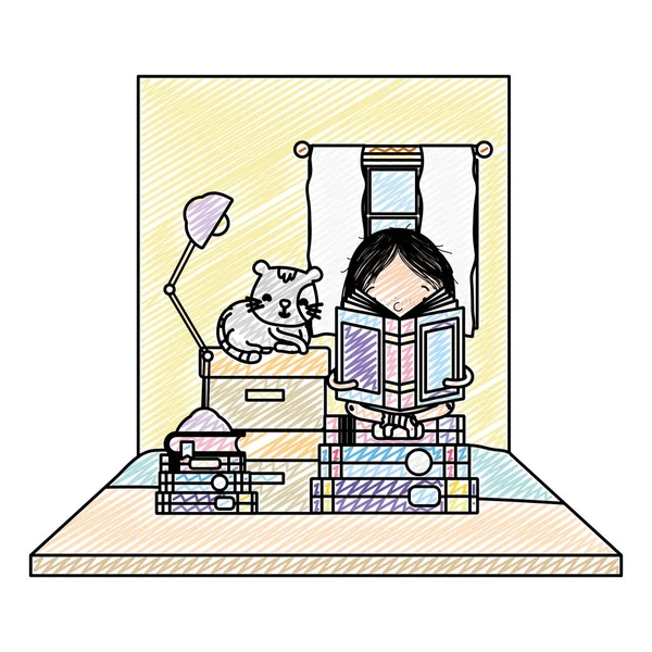 Doodle Girl Reading Books Boxes Cat Vector Illustration — Stock Vector