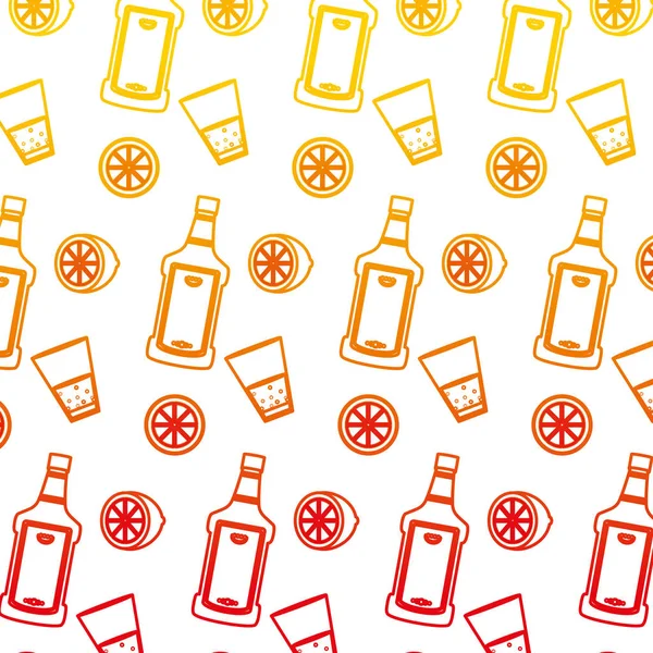 降级线龙舌兰酒瓶和香槟杯柠檬背景向量插图 — 图库矢量图片