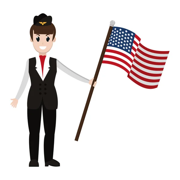 Glückliche Stewardess Mit Usa Flag Nation Vector Illustration — Stockvektor