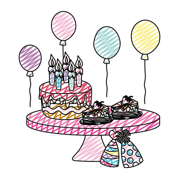 Doodle Birthday Party Cakes Hats Balloons Vector Illustration — Stock Vector