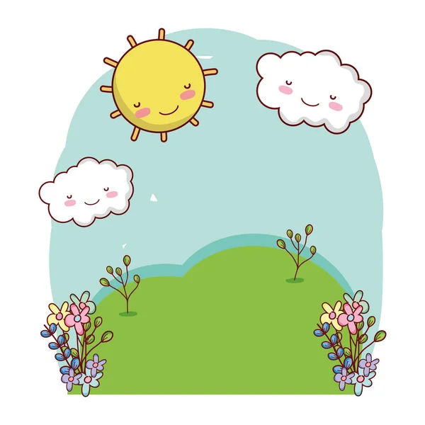 kawaii sun and clouds weather landscape vector illustration