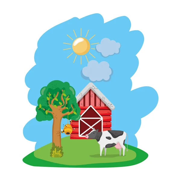 Ferme Maison Avec Vache Animal Arbre Vecteur Illustration — Image vectorielle