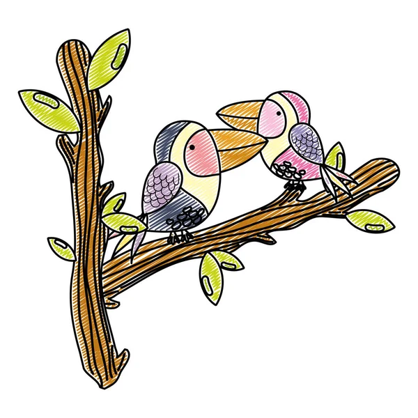 Doodle Cute Bird Couple Animal Branches Leaves Vector Illustration — Stock Vector