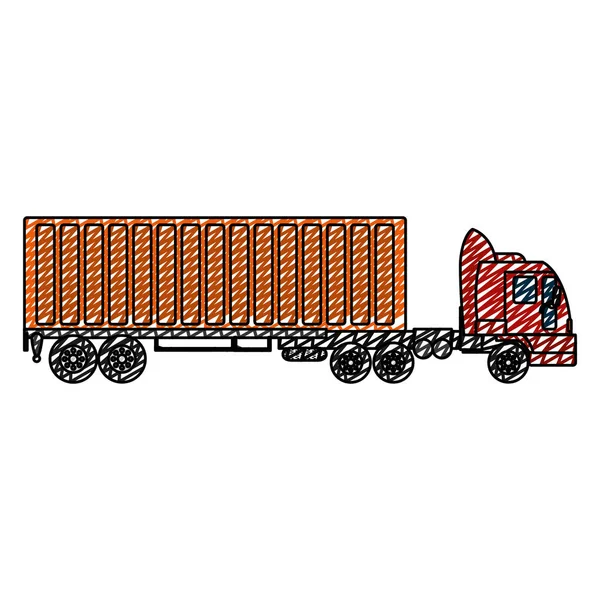 Transportasi Truk Doodle Dengan Gambar Vektor Kargo Kontainer - Stok Vektor