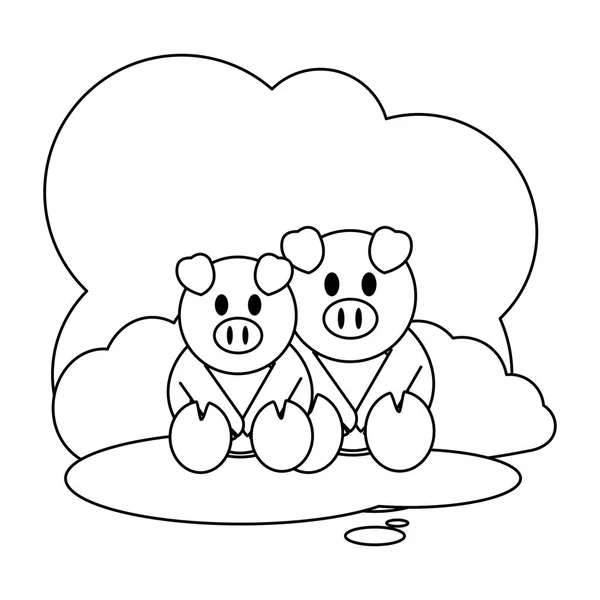 Ligne Couple Porc Ferme Animal Dans Paysage Vecteur Illustration — Image vectorielle