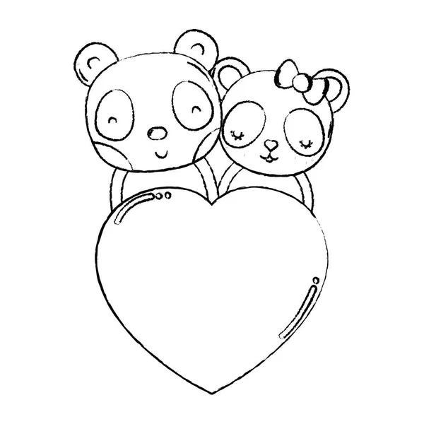 Grunge Panda Pareja Con Corazón Signo Amor Vector Ilustración — Vector de stock