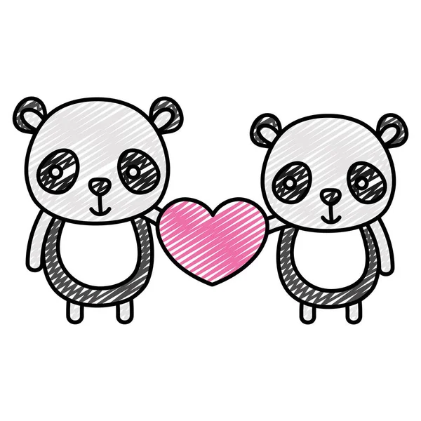 Doodle Paar Panda Met Schattige Hart Hun Handen Vectorillustratie — Stockvector