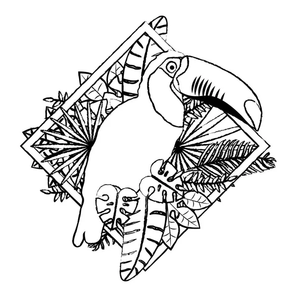 Pájaro Pelícano Grunge Con Plantas Exóticas Hojas Vector Ilustración — Vector de stock