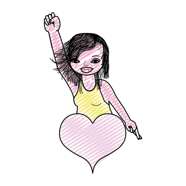 Femme Doodle Avec Main Opposée Vers Haut Illustration Vectorielle Cardiaque — Image vectorielle