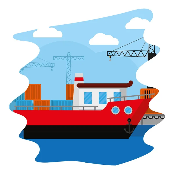 Schip Transport Met Kraan Object Containers Vectorillustratie — Stockvector