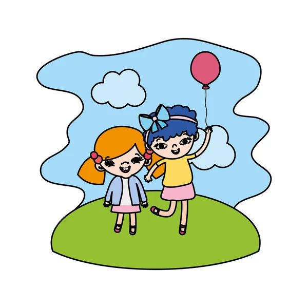 Farbe Mädchen Kinder Mit Niedlichen Ballon Der Landschaft Vektor Illustration — Stockvektor