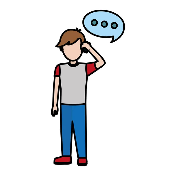 Kleur Kind Jongen Bellen Met Smartphone Chat Zeepbel Vectorillustratie — Stockvector