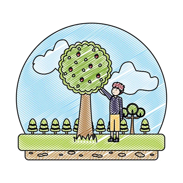 落書きアップル ツリーのベクトル図と生態公園の男 — ストックベクタ