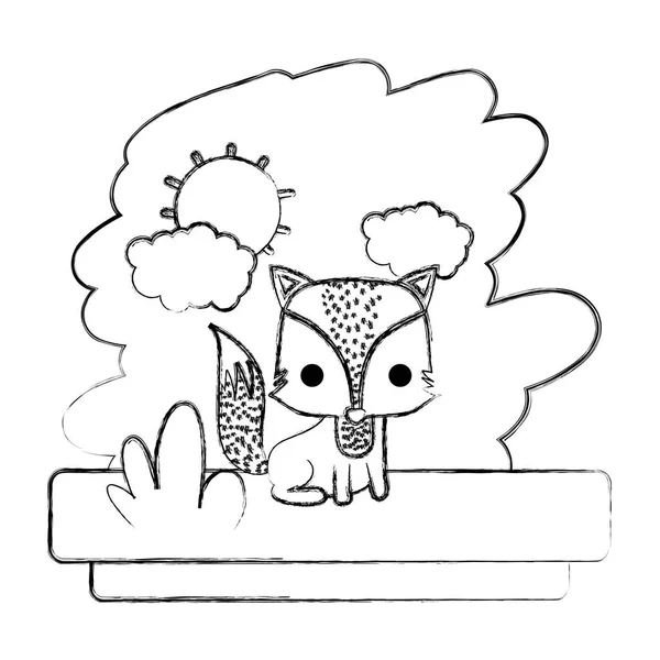 Grunge Fox Seating Cute Wild Animal Vector Illustration — Stock Vector