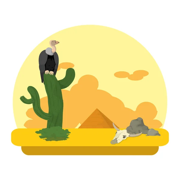 vulture in the cactus desert and animal skull vector illustration