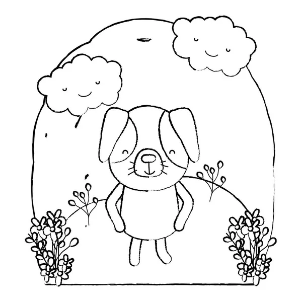 Grunge Cute Dog Pet Landscape Clouds Vector Illustration — Stock Vector