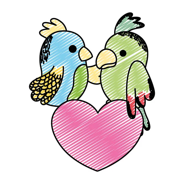 Doodle Para Papuga Zwierzęta Razem Serce Wektor Ilustracja — Wektor stockowy