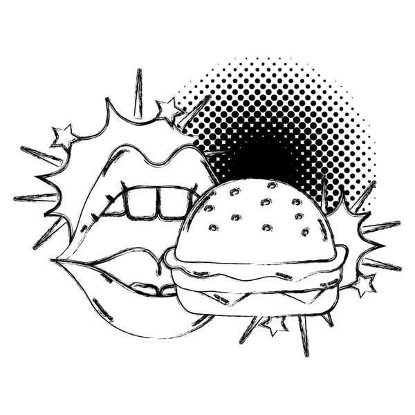 Grunge Kadın Ağız Yeme Hamburger Fastfood Vektör Çizim — Stok Vektör