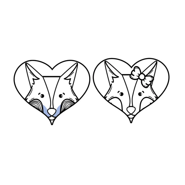 Line Cute Fox Couple Animal Hearts Vector Illustration — Stock Vector