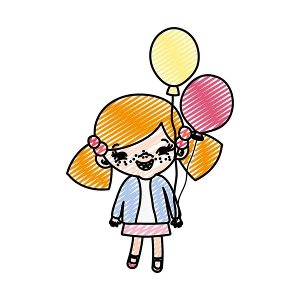 Doodle Beleza Menina Criança Com Penteado Balões Vetor Ilustração — Vetor de Stock