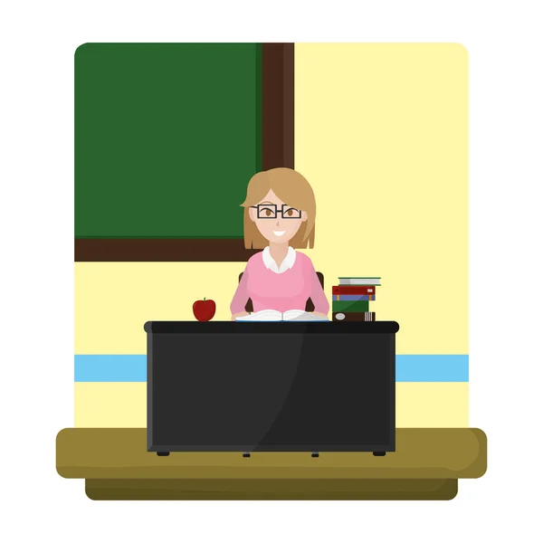 Pädagogin Mit Büchern Und Apfel Schreibtisch — Stockvektor