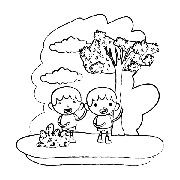 Grunge Bambini Felici Ragazzi Nella Foresta Riserva Vettoriale Illustrazione — Vettoriale Stock