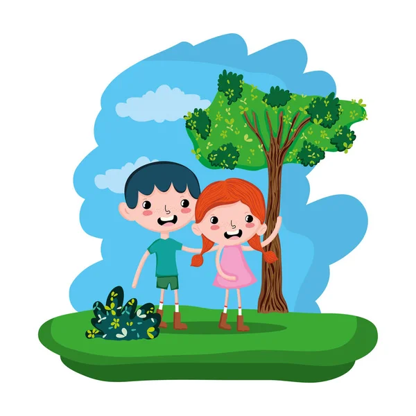 Carino Ragazza Ragazzo Bambini Nella Foresta Vettore Illustrazione — Vettoriale Stock