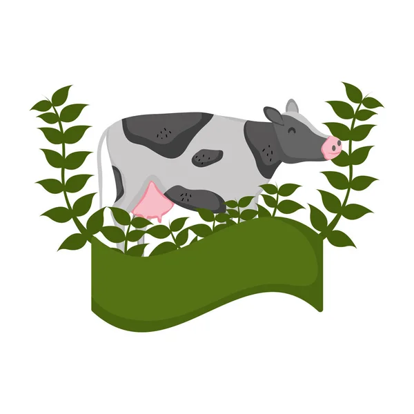 Kráva Farma Zvířat Větví Rostlin Vektorové Ilustrace — Stockový vektor