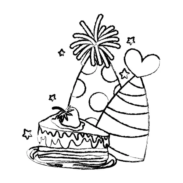 Grunge Party Hats Sweet Cake Birthday Vector Illustration — Stock Vector