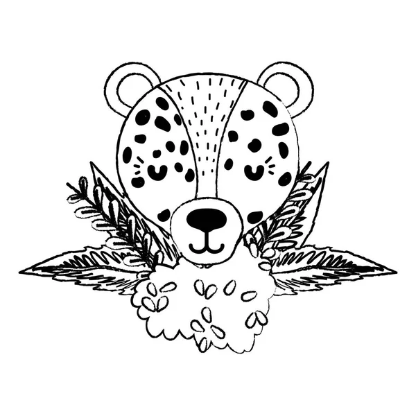 Grunge Leopard Head Animal Bush Flowers Plants Vector Illustration — Stock Vector
